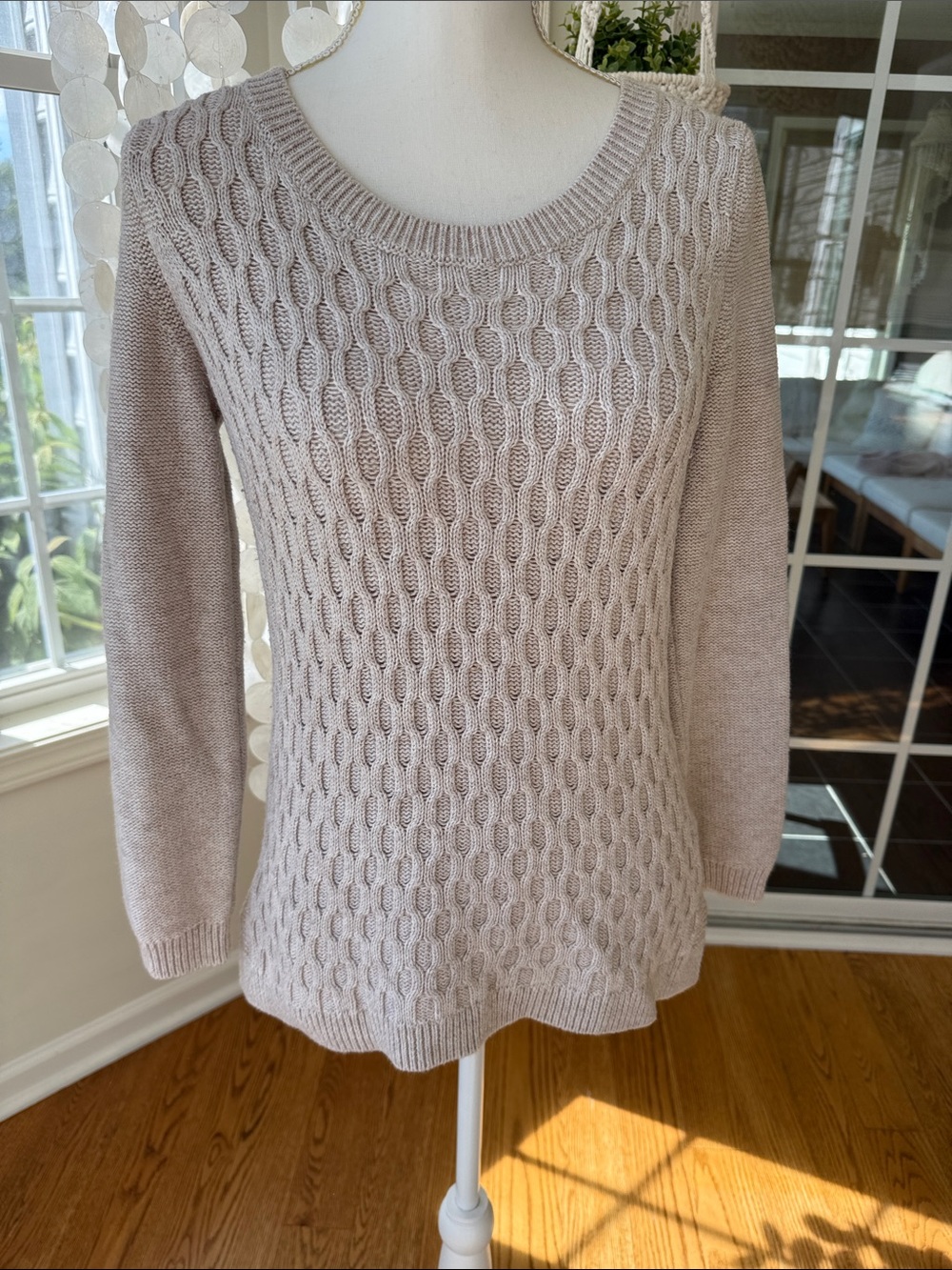 Women's Cotton Cashmere Cable Knit Sweater - Light Beige small petite